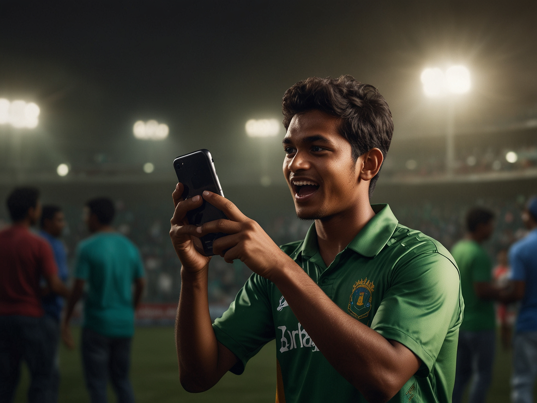 Young cricketer celebrating victory with smartphone showing Joya9Win app